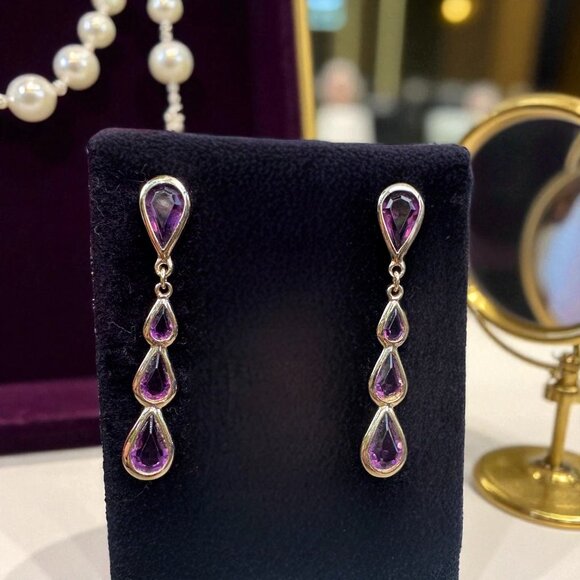 Monet Amethyst Quadruple  Teardrop Dangle Earrings With Gold Setting Vintage - Picture 7 of 11